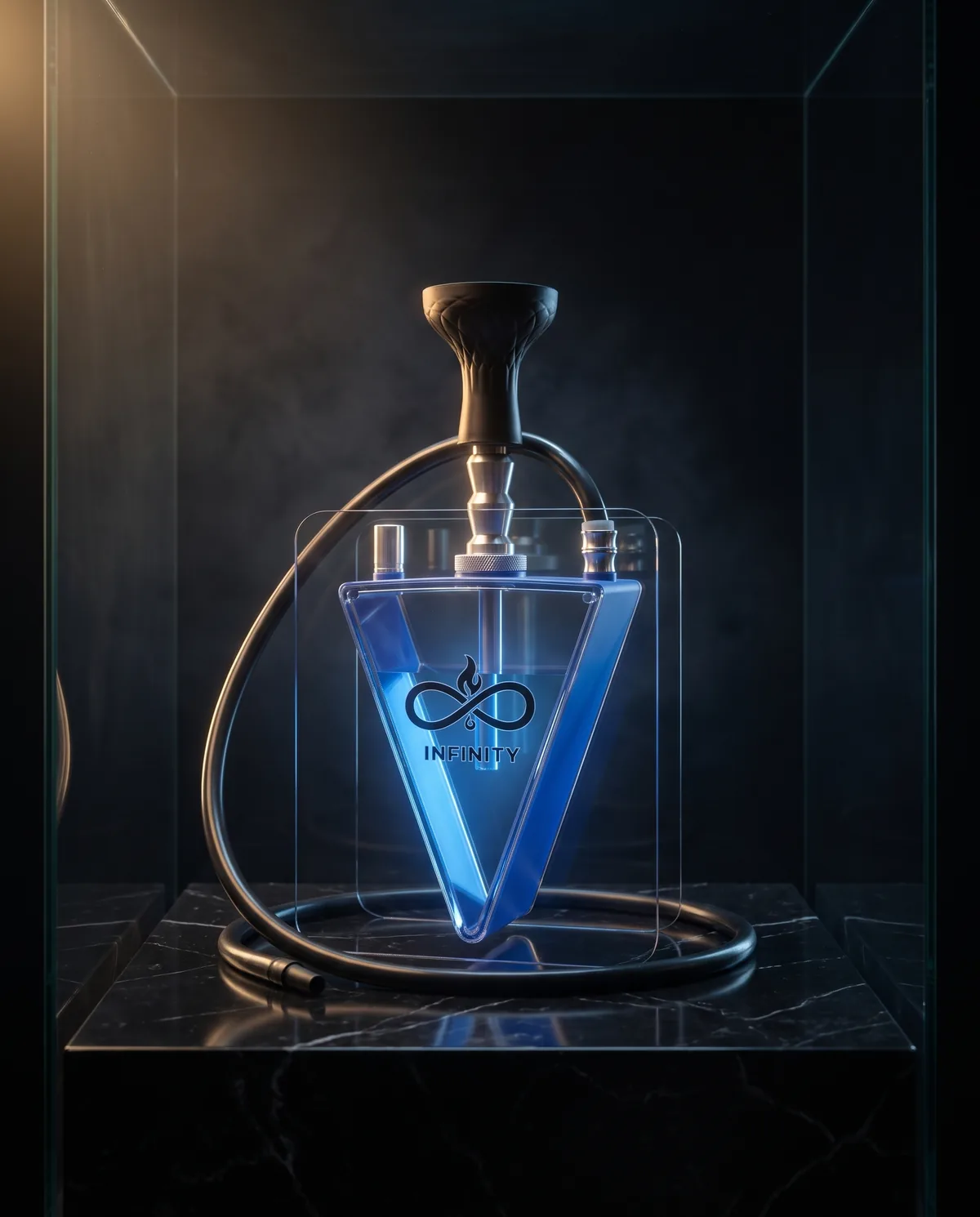 The Infinity hookah on a black marble plinth in a dark display case