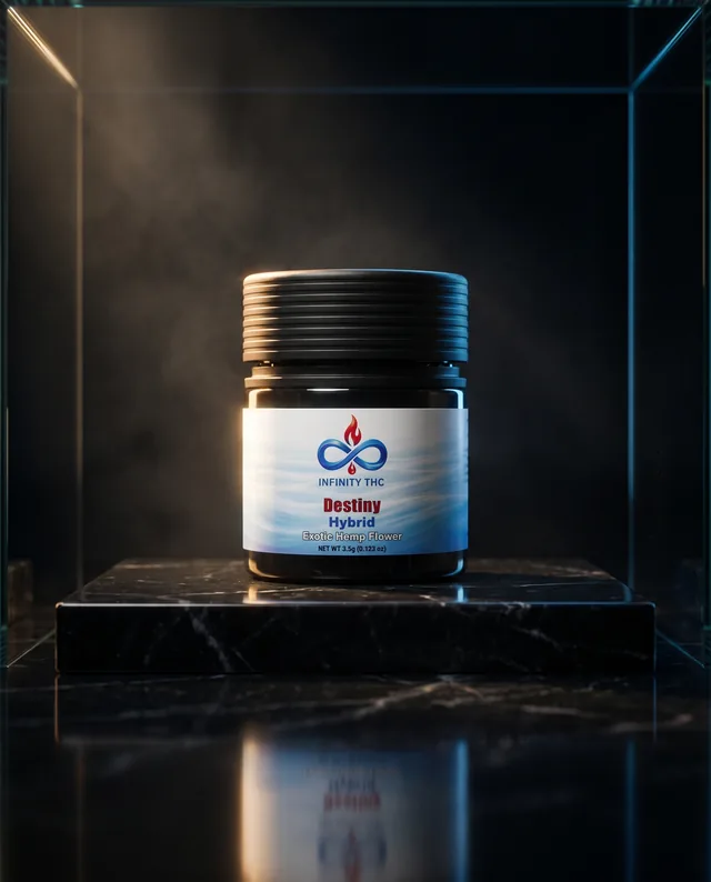 Black Infinity jar with a white label on a black marble plinth in a dark display case